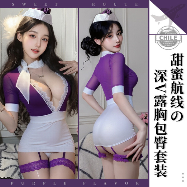 Sexy purple and white secretary lingerie set with sheer top, mini skirt, and garter straps for date night.