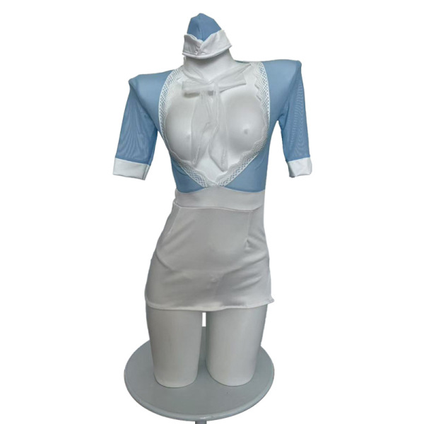 Sexy blue and white secretary lingerie set with skirt, bow, and hat - no-remove air hostess costume for date night.