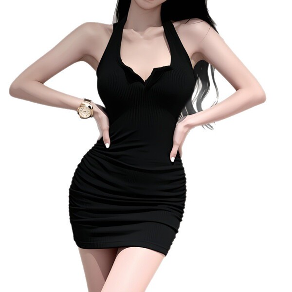 Woman wearing a black, form-fitting dress with a deep neckline and ruched detailing.
