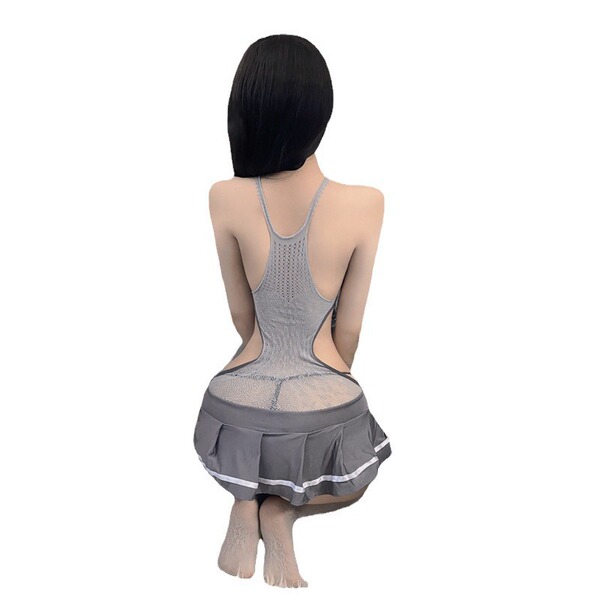 Sexy lingerie set featuring a transparent mesh bodysuit with cutouts, paired with a pleated skirt design.