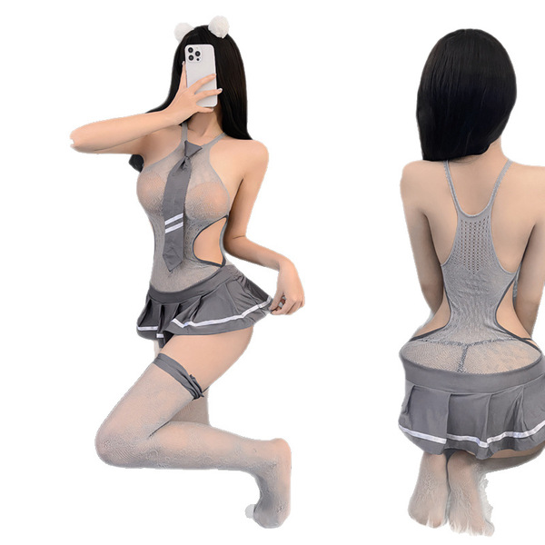 Sexy lingerie set for women - transparent mesh bodysuit, jk uniform style with tie & pleated skirt