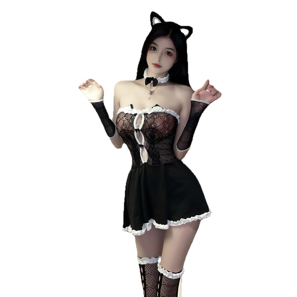 Sexy maid cat lingerie set for women – sheer mesh sleep dress with lace trim & strapless bodice