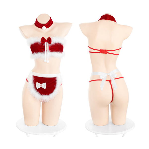 Sexy maid christmas costume for women featuring cute bunny girl lingerie set with bow and tail design, perfect for naughty ho...
