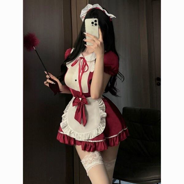 Sexy maid costume set - cute & alluring lingerie uniform with apron for women, featuring a charming red dress with white acce...
