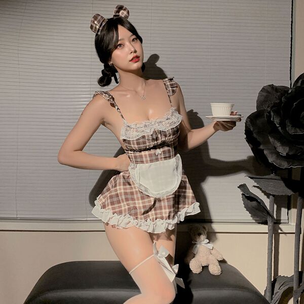 Sexy maid costume set featuring cute plaid design with lace details, perfect for role play outfits.