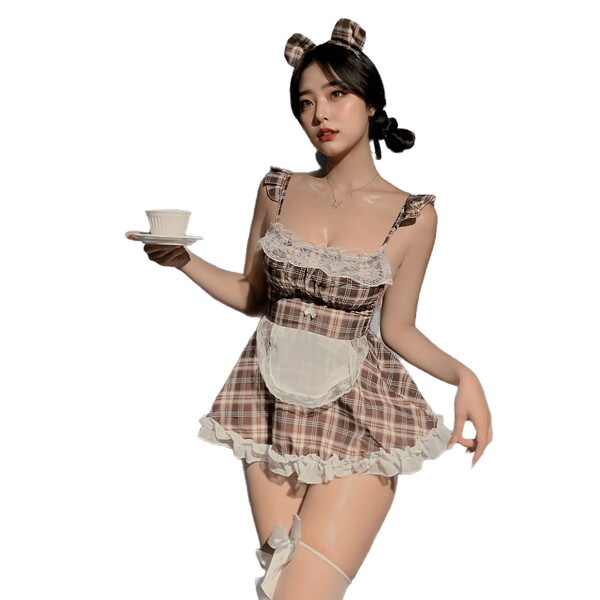 Sexy maid costume set - cute plaid dress with apron and bunny ears for role play