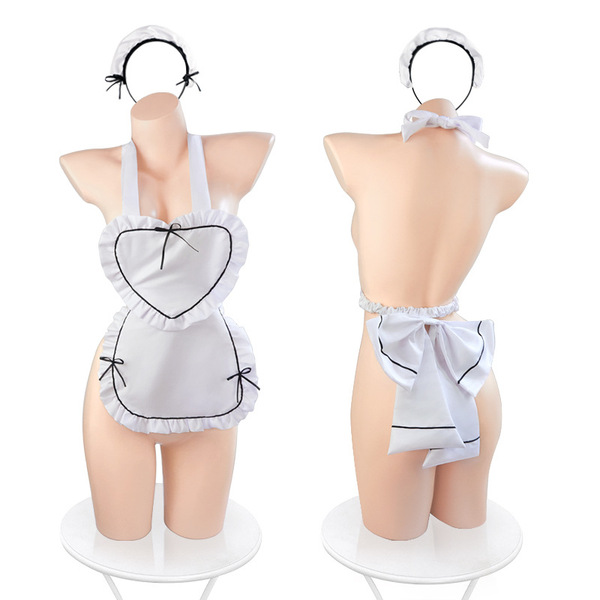 Sexy maid costume featuring a heart detail, white uniform set with bow accents, perfect for role play and adult entertainment...
