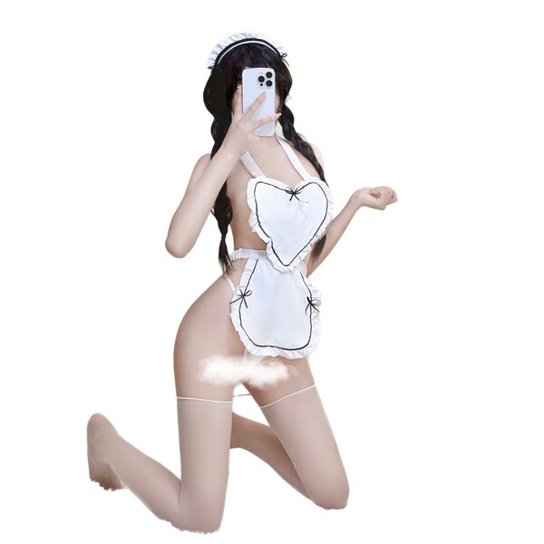 Sexy maid costume featuring heart design, lace and strap apron for role play and cosplay.