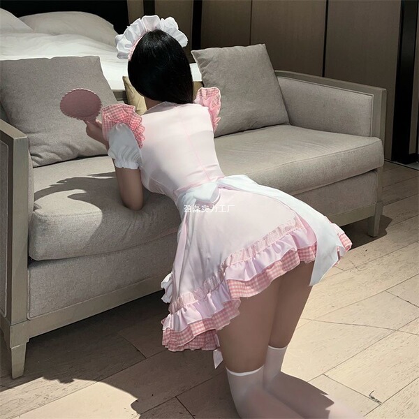 Sexy maid costume lingerie - cosplay lolita uniform with pink checkered details, perfect for sleepwear and bedroom outfits.