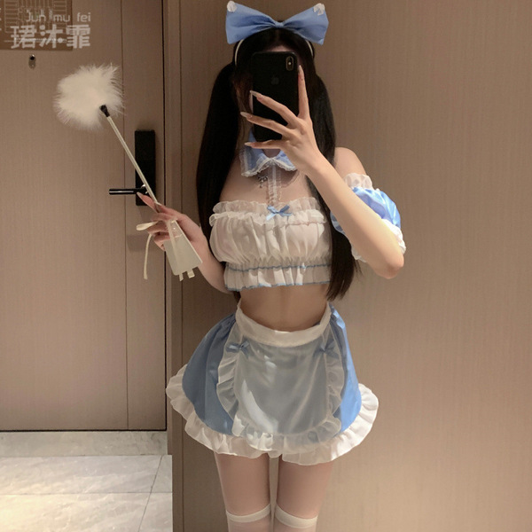 Sexy maid costume lingerie set - seductive sleepwear & bedroom play outfit for women, featuring a charming blue and white out...