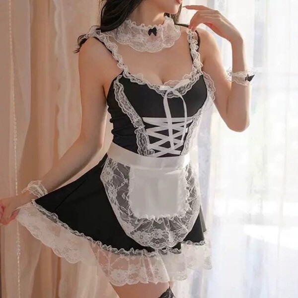 Sexy maid costume lingerie set - sheer mesh strapless sleepwear outfit for cosplay & role play, featuring lace details and a ...