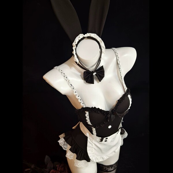 Sexy maid costume lingerie set featuring underwire push-up bra and matching sleepwear, complete with bunny ears and bow tie a...