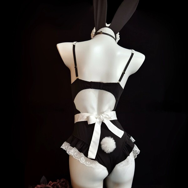 Sexy maid costume lingerie set featuring underwire push-up bra and matching sleepwear, complete with bunny ears and decorativ...