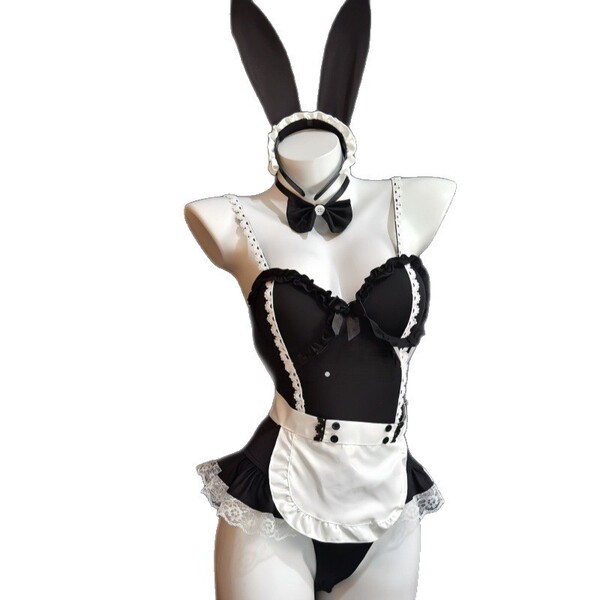 Sexy maid costume lingerie set featuring underwire push-up bra, matching sleepwear, bunny ears, and bow tie.