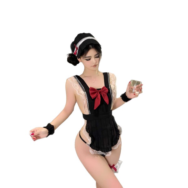 Sexy maid costume set featuring black and lace design with red bow, sheer stockings, and no-remove sleepwear for seductive ch...