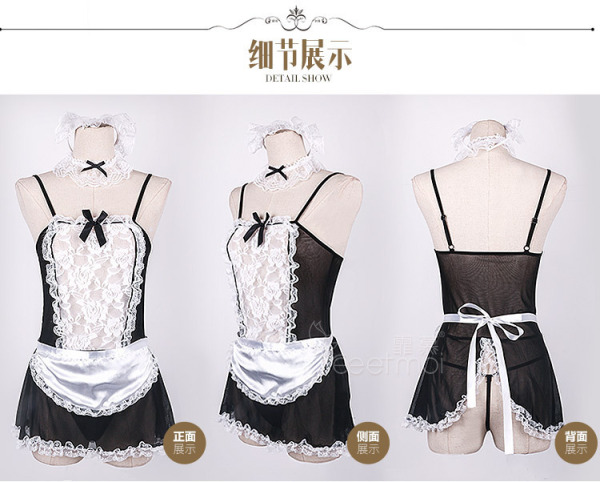 Front, side, and back views of a sexy maid costume set featuring lace details, an apron, and headband for womens role play.