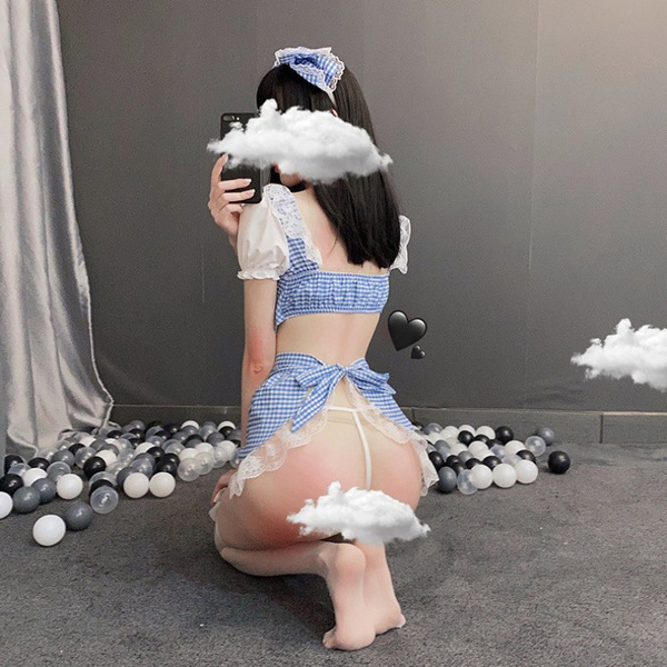 Sexy maid costume set featuring blue checkered lingerie with lace details, perfect for cosplay or seductive allure.