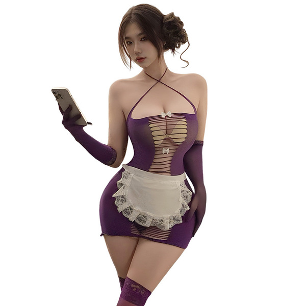 Sexy maid costume set - sheer mesh lingerie outfit with cheeky butt cutouts & peekaboo chest design