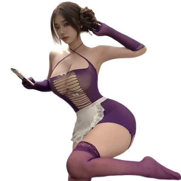 Sexy maid costume set featuring sheer and seductive qipao lingerie with peekaboo butt design, no-remove temptation outfit.