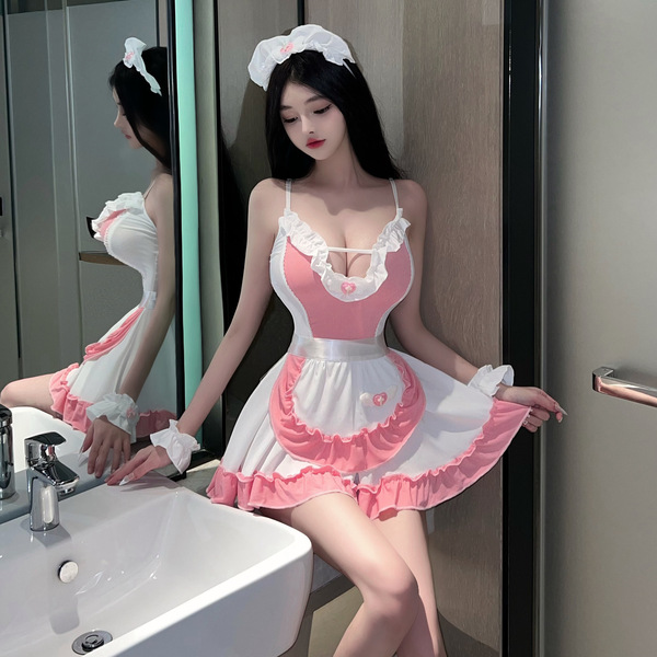 Sexy maid costume for small bust women featuring open-crotch design, provocative lingerie set perfect for couples bedroom out...