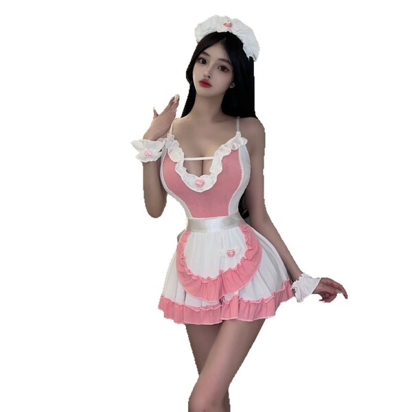 Sexy maid costume for small bust women featuring open-crotch design, provocative lingerie set with ruffled details, perfect f...