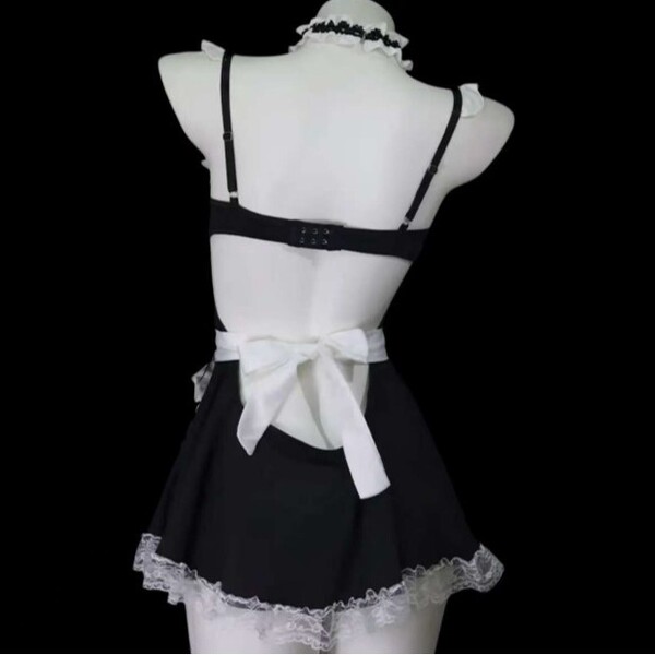 Sexy maid costume featuring underwire push-up bra, flirty french maid outfit with lace details and white bow tie.