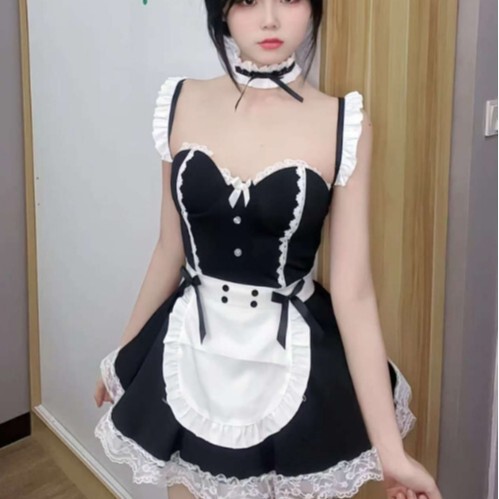 Sexy maid costume featuring a black and white design with lace details, perfect for flirty french maid outfits. includes unde...