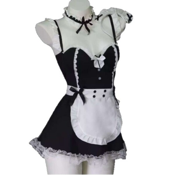 Sexy maid costume featuring underwire push-up bra, flirty french maid outfit with lace details and bow accents.