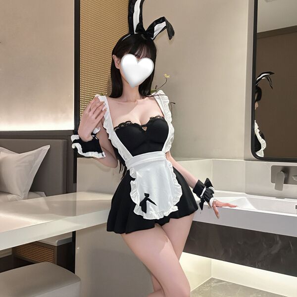 Sexy maid costume for women featuring a cute bunny girl outfit with low-cut design, no-remove play suit, perfect for cosplay.
