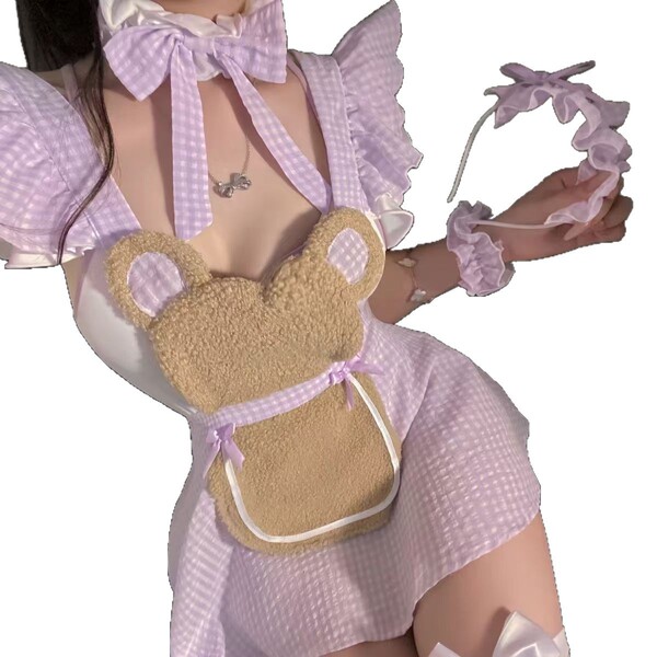 Sexy maid costume for women featuring a cute bear chef outfit with ruffles, perfect for sweet and playful kitchen uniforms.