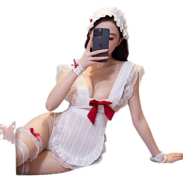 Sexy maid costume for women featuring cute lolita design with lace details and red bows, perfect for erotic lingerie sets and...