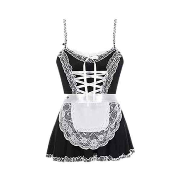 Black and white sexy maid costume with lace trim, corset-style front, and apron; cute alluring sleep dress for role play, plu...