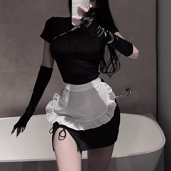 Sexy maid costume for women featuring a black top, white apron, and thigh-high stockings, perfect for cosplay or nightclubs.