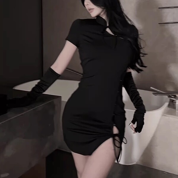 Sexy maid costume for women featuring a black devil girl chinese style split qipao outfit, perfect for nightclub wear and cos...