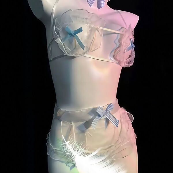 Sheer lace maid costume with blue bows, corset top and shorts for seductive role play.