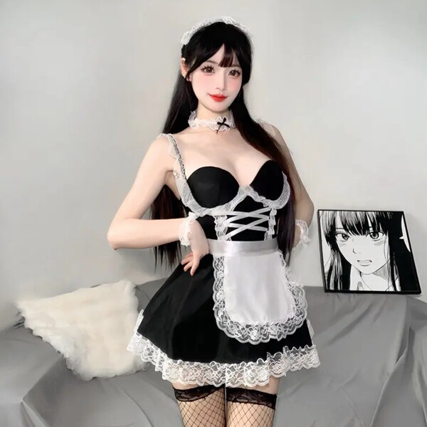 Sexy maid costume set for women featuring lace push-up bustiers, corset design with steel boning, and cute french maid style ...