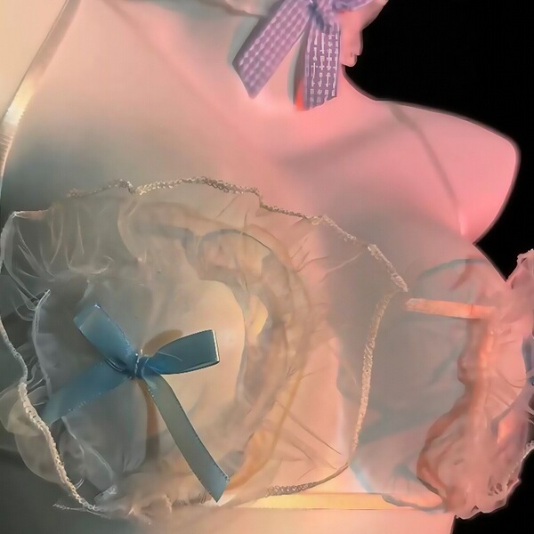 Sheer lace maid costume with blue bow, purple gingham collar & seductive ties - sexy role play outfit for women.