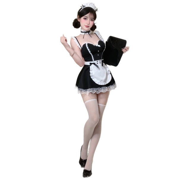 Sexy maid costume set for women – lace sleep dress & matching underwear, cute qqny style