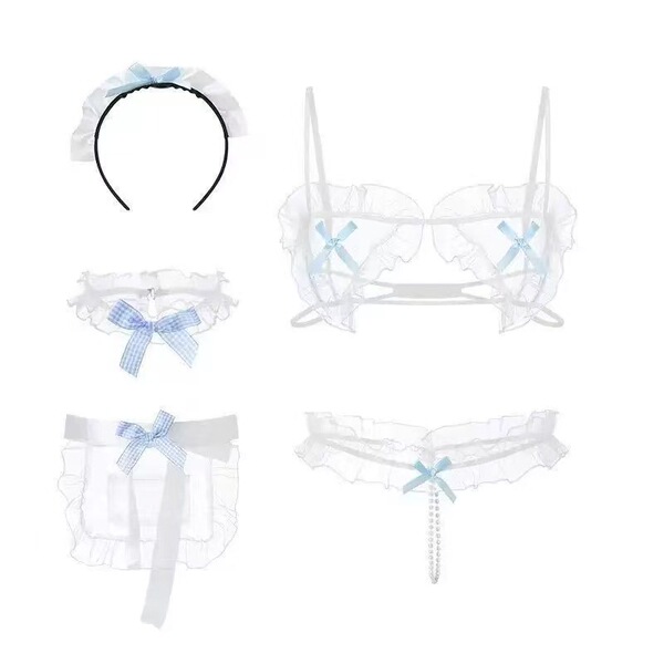 White lace maid costume set with sheer corset, bow headband, garters, and panties for seductive role play.
