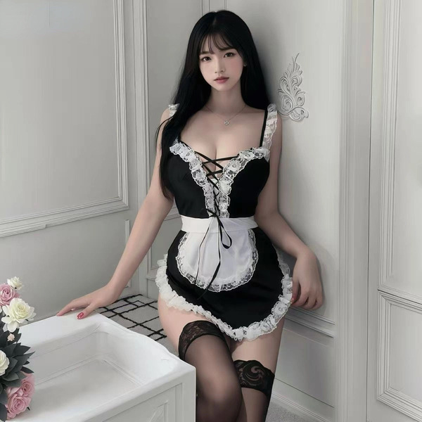 Sexy maid costume for women featuring a black and white design with lace details, adjustable straps, and a seductive look, pe...