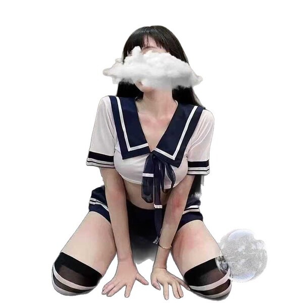 Woman in sexy maid costume with sheer stockings and tight fit, plus size transparent lingerie set for role play.