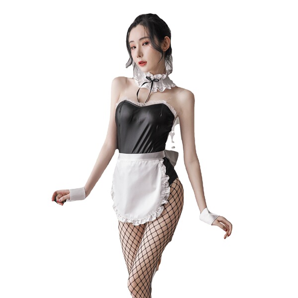 Sexy maid costume with pvc leather bodice, white apron, fishnet stockings, and lace choker for cosplay or nightclub role play...