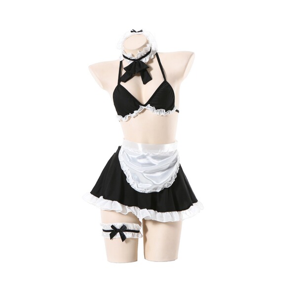 Sexy maid costume for women featuring black and white lingerie with lace details, perfect for role play outfits.