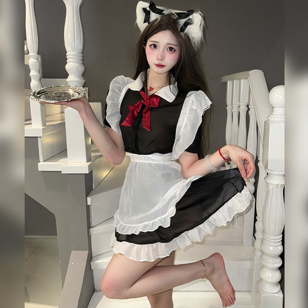 Sexy maid costume for women featuring sheer lace, ties, and an apron set, perfect for seductive role play outfits.