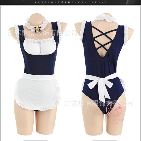Sexy navy blue maid bodysuit with white apron, ruffled collar, and cross-back design for women.