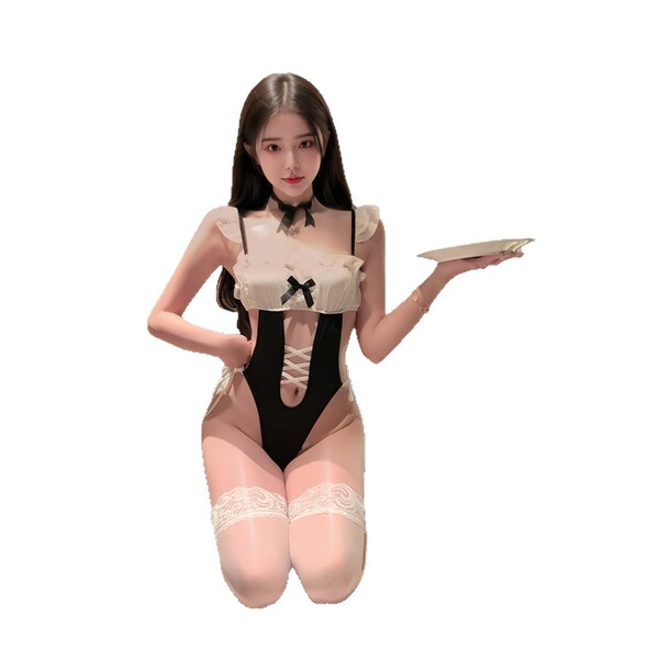 Sexy maid costume for women featuring a seductive one-piece lingerie outfit with removable accessories, perfect for role play...