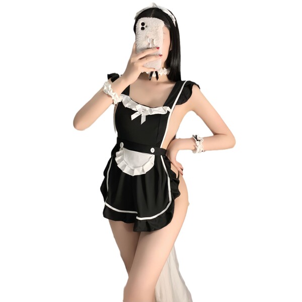 Sexy maid costume for women featuring a seductive no-remove lace apron outfit with an open-crotch design, perfect for themed ...