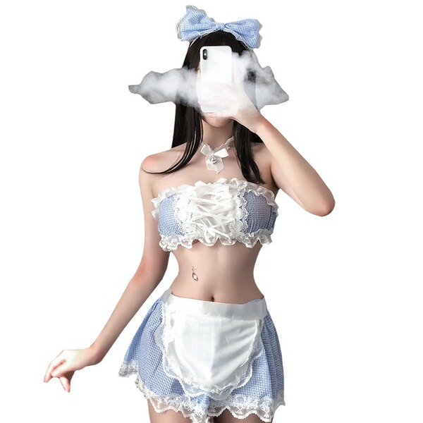 Sexy maid costume for women featuring lace skirt and bar outfit, perfect for seductive role play with charming details.