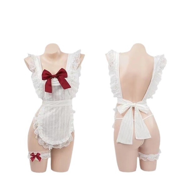 Sexy maid costume for women featuring sheer sleeves and matching sleep dress with lace details and bows.
