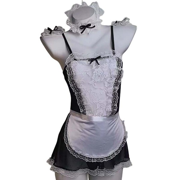 Sexy maid costume set for women featuring a ruffled apron and headband, perfect for seductive sleepwear outfits.